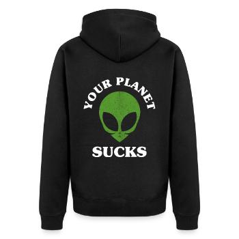 Alien, UFO, UAP, Space, Weltraum Flugobjekt - Unisex Premium Bio Zip Hoodie - Schwarz - Hinten - Nico (187cm)