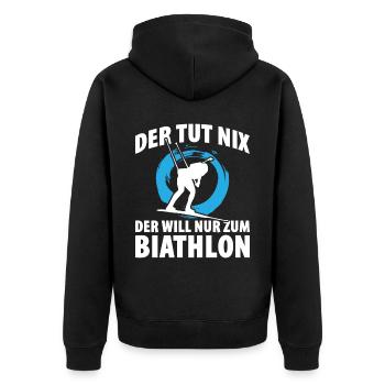 Der Tut Nix der Will Nur Zum Biathlon - Unisex Premium Bio Zip Hoodie - Schwarz - Hinten - Nico (187cm)