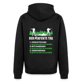 Der Perfekte Tag 1. Frühstück 2. Biathlon Schauen - Unisex Premium Bio Zip Hoodie - Schwarz - Hinten - Nico (187cm)