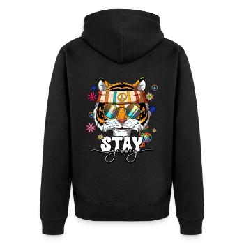60er 70er Jahre Kostüm Stay Groovy Hippie - Unisex Premium Bio Zip Hoodie - Schwarz - Hinten - Nico (187cm)