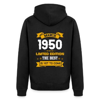 März 1950 Geburtstagsgeschenk - Unisex Premium Bio Zip Hoodie - Schwarz - Hinten - Nico (187cm)