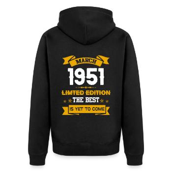 März 1951 Geburtstagsgeschenk - Unisex Premium Bio Zip Hoodie - Schwarz - Hinten - Nico (187cm)