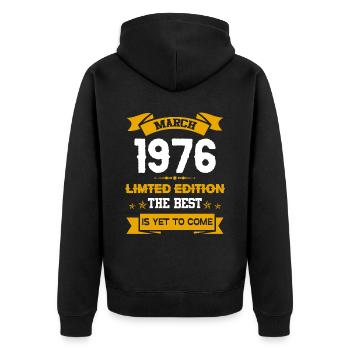 März 1976 Geburtstagsgeschenk - Unisex Premium Bio Zip Hoodie - Schwarz - Hinten - Nico (187cm)