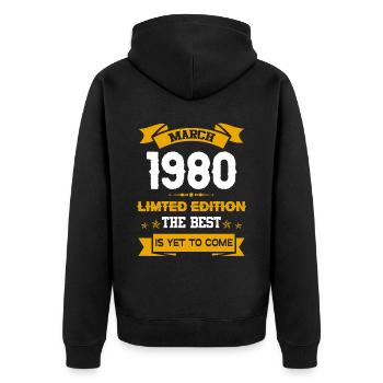 März 1980 Geburtstagsgeschenk - Unisex Premium Bio Zip Hoodie - Schwarz - Hinten - Nico (187cm)