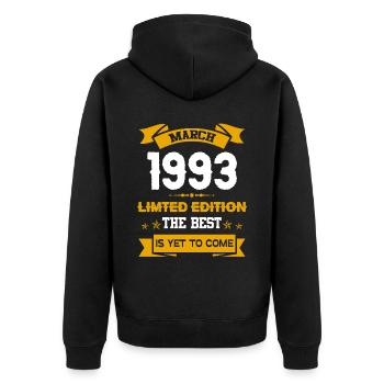 März 1993 Geburtstagsgeschenk - Unisex Premium Bio Zip Hoodie - Schwarz - Hinten - Nico (187cm)