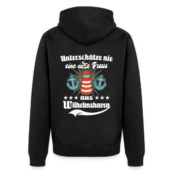 Wilhelmshaven Sprüche Wilhelmshavener Spruch - Unisex Premium Bio Zip Hoodie - Schwarz - Hinten - Nico (187cm)