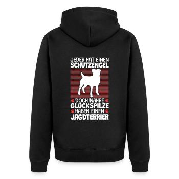 Deutscher Jagdterrier ist mein Schutzengel - Unisex Premium Bio Zip Hoodie - Schwarz - Hinten - Nico (187cm)