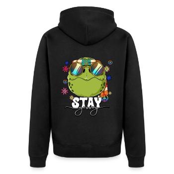 60er 70er Jahre Kostüm Stay Groovy Hippie - Unisex Premium Bio Zip Hoodie - Schwarz - Hinten - Nico (187cm)