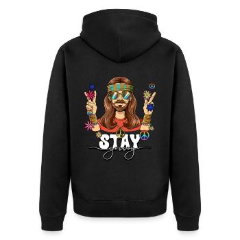 60er 70er Jahre Kostüm Stay Groovy Hippie - Unisex Premium Bio Zip Hoodie - Schwarz - Hinten - Nico (187cm)