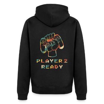 Spieler 2 Bereit in Kombination mit - Unisex Premium Bio Zip Hoodie - Schwarz - Hinten - Nico (187cm)