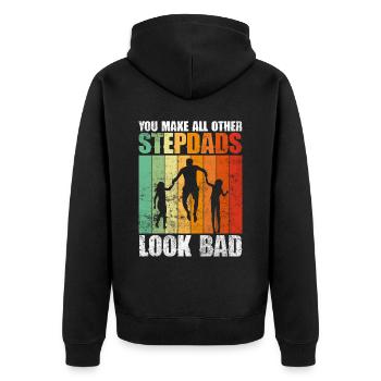 Stiefvater Vatertag Stiefpapa Geschenk Spruch - Unisex Premium Bio Zip Hoodie - Schwarz - Hinten - Nico (187cm)