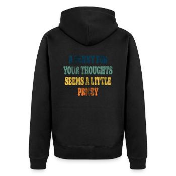 Zynische Sprüche, Ein Pfennig Für Ihre Gedanken - Unisex Premium Bio Zip Hoodie - Schwarz - Hinten - Nico (187cm)