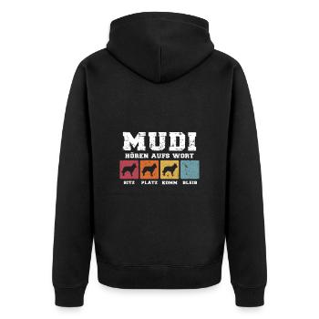 Mudi hören aufs Wort - Unisex Premium Bio Zip Hoodie - Schwarz - Hinten - Nico (187cm)