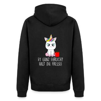 Ey ganz ehrlich? Halt die Fresse - Unisex Premium Bio Zip Hoodie - Schwarz - Hinten - Nico (187cm)