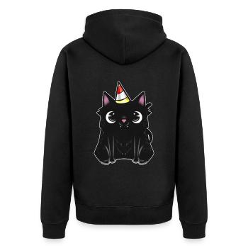 Chat noir avec chapeau de fête sur le ronronnement - Veste à capuche bio Premium Unisexe - noir - Dos - Nico (187cm)