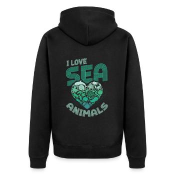Ich Liebe Meerestiere, Herzform - Unisex Premium Bio Zip Hoodie - Schwarz - Hinten - Nico (187cm)