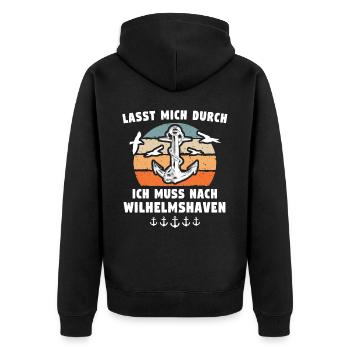 Lustige Wilhelmshaven Sprüche - Unisex Premium Bio Zip Hoodie - Schwarz - Hinten - Nico (187cm)