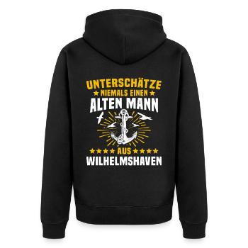 Lustige Wilhelmshaven Sprüche - Unisex Premium Bio Zip Hoodie - Schwarz - Hinten - Nico (187cm)