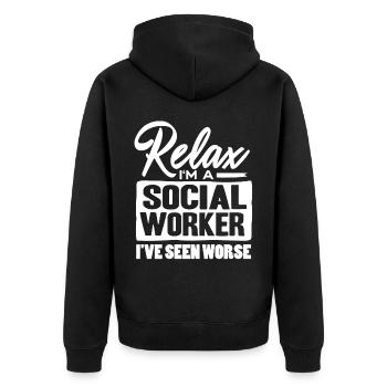 Sozialarbeiter - Unisex Premium Bio Zip Hoodie - Schwarz - Hinten - Nico (187cm)