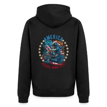 Amerikanisch Patriotisch USA Design - Unisex Premium Bio Zip Hoodie - Schwarz - Hinten - Nico (187cm)