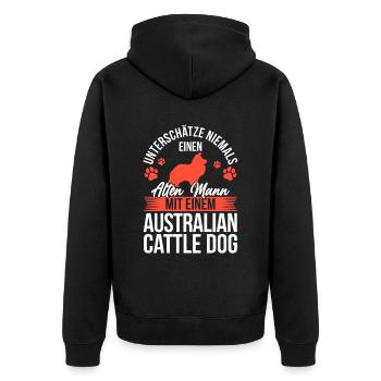 Alter Mann mit Australian Cattle Dog Treibhund - Unisex Premium Bio Zip Hoodie - Schwarz - Hinten - Nico (187cm)