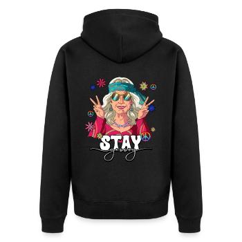 60er 70er Jahre Kostüm Stay Groovy Hippie - Unisex Premium Bio Zip Hoodie - Schwarz - Hinten - Nico (187cm)
