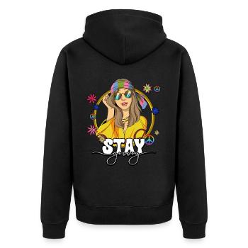 60er 70er Jahre Kostüm Stay Groovy Hippie - Unisex Premium Bio Zip Hoodie - Schwarz - Hinten - Nico (187cm)