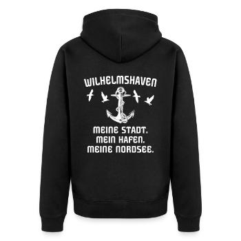 Wilhelmshaven Sprüche - Unisex Premium Bio Zip Hoodie - Schwarz - Hinten - Nico (187cm)