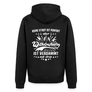 Wilhelmshaven Sprüche - Unisex Premium Bio Zip Hoodie - Schwarz - Hinten - Nico (187cm)