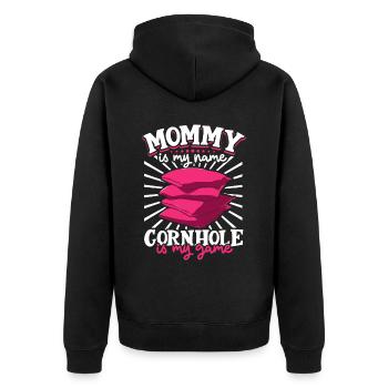 Ich heiße Mama und mein Spiel ist Cornhole - Unisex Premium Bio Zip Hoodie - Schwarz - Hinten - Nico (187cm)