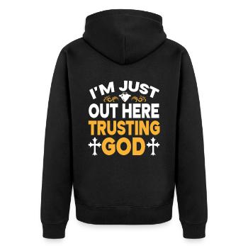 I'm Just Out Here Trusting God - Unisex Premium Organic Zip Hoodie - black - Back - Nico (187cm)