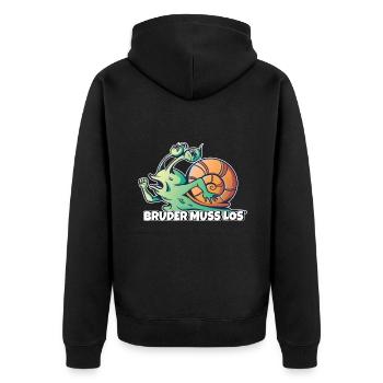 Bruder muss los - Unisex Premium Bio Zip Hoodie - Schwarz - Hinten - Nico (187cm)