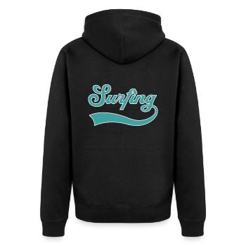 Surfen Schriftzug - Unisex Premium Bio Zip Hoodie - Schwarz - Hinten - Nico (187cm)