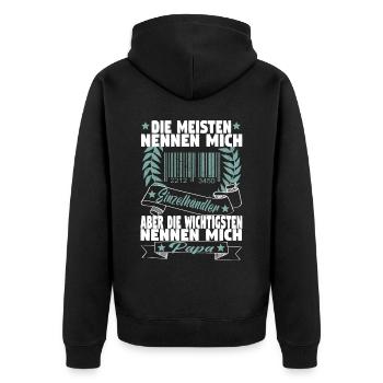 Verkäufer Vatertag Einzelhandel Einzelhändler Papa - Unisex Premium Bio Zip Hoodie - Schwarz - Hinten - Nico (187cm)