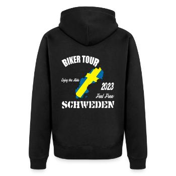 Biker Tour 2023 Schweden Motorrad Reise Urlaub - Unisex Premium Bio Zip Hoodie - Schwarz - Hinten - Nico (187cm)