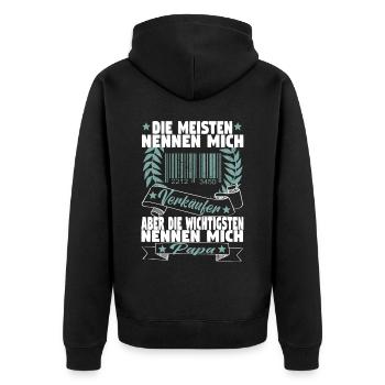 Verkäufer Vatertag Einzelhandel Einzelhändler Papa - Unisex Premium Bio Zip Hoodie - Schwarz - Hinten - Nico (187cm)
