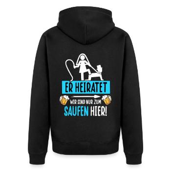 Polterabend T-Shirt Mann Junggesellenabschied JGA - Unisex Premium Bio Zip Hoodie - Schwarz - Hinten - Nico (187cm)