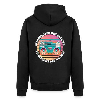 introvertiert, aber bereit über 90er Jahre Hip Hop zu diskutieren - Unisex Premium Bio Zip Hoodie - Schwarz - Hinten - Nico (187cm)
