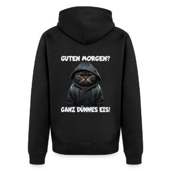 Witzige Katze mit dem Spruch GUTEN MORGEN! - Unisex Premium Bio Zip Hoodie - Schwarz - Hinten - Nico (187cm)