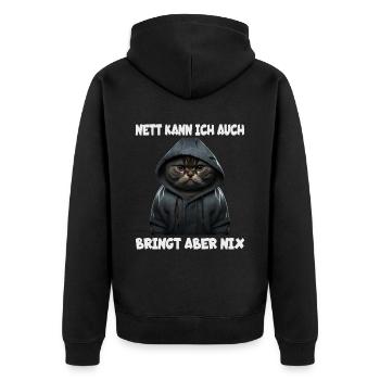 Witzige Katze mit dem Spruch NETT KANN ICH AUCH... - Unisex Premium Bio Zip Hoodie - Schwarz - Hinten - Nico (187cm)