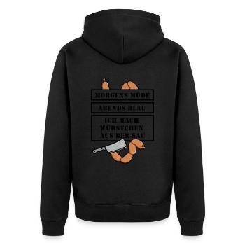Morgens müde abends blau ich mach Würstchen - Unisex Premium Bio Zip Hoodie - Schwarz - Hinten - Nico (187cm)
