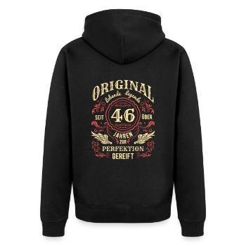 Original Lebende Legende Seit Über 46 Jahren - Unisex Premium Bio Zip Hoodie - Schwarz - Hinten - Nico (187cm)