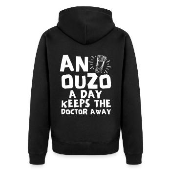 Ouzo Spruch für Griechen One Ouzo a Day Ouzo Party - Unisex Premium Bio Zip Hoodie - Schwarz - Hinten - Nico (187cm)