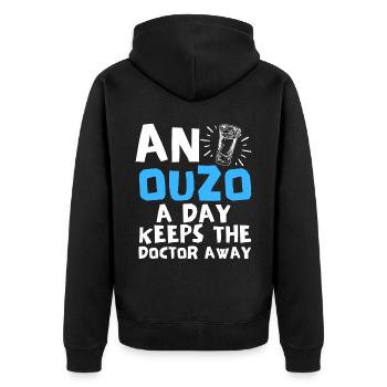 Ouzo Spruch für Griechen One Ouzo a Day Ouzo Party - Unisex Premium Bio Zip Hoodie - Schwarz - Hinten - Nico (187cm)