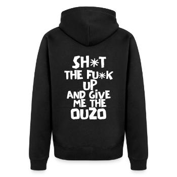 Ouzo Spruch für Griechen One Ouzo a Day Ouzo Party - Unisex Premium Bio Zip Hoodie - Schwarz - Hinten - Nico (187cm)