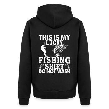 Dies ist mein Glücksangelhemd Nicht waschen - (2) - Unisex Premium Bio Zip Hoodie - Schwarz - Hinten - Nico (187cm)
