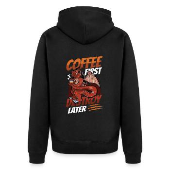 Café d’abord, détruire plus tard, caféine - Veste à capuche bio Premium Unisexe - noir - Dos - Nico (187cm)
