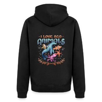 Ich Liebe Meerestiere, Herzform - Unisex Premium Bio Zip Hoodie - Schwarz - Hinten - Nico (187cm)