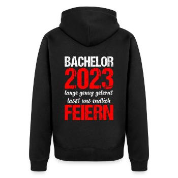 Bachelor 2023 Lange Genug Gelernt Lasst Uns Feiern - Unisex Premium Bio Zip Hoodie - Schwarz - Hinten - Nico (187cm)