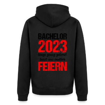 Bachelor 2023 Lange Genug Gelernt Lasst Uns Feiern - Unisex Premium Bio Zip Hoodie - Schwarz - Hinten - Nico (187cm)